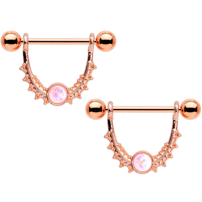14G 9/16 White Faux Opal Rose Gold Tone Dangle Nipple Ring Set