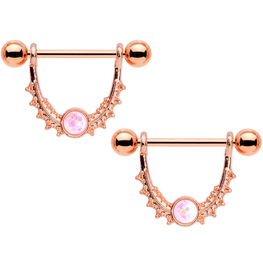 14G 9/16 White Faux Opal Rose Gold Tone Dangle Nipple Ring Set
