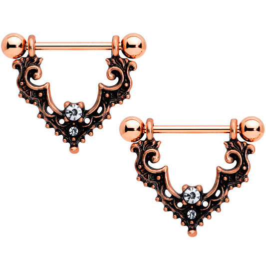 14G 9/16 Clear Gem Rose Gold Tone Baroque Bat Nipple Shield Set