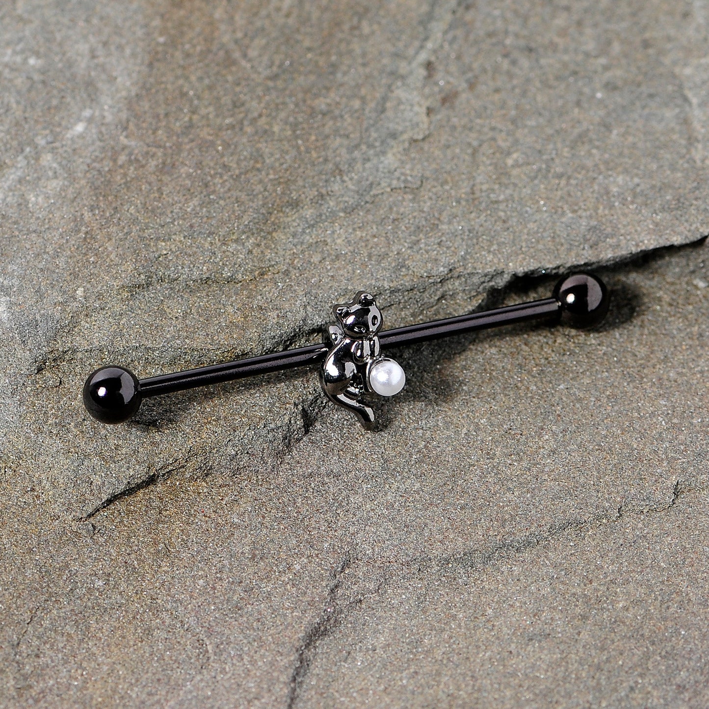 14G Black White Gem Black Cat Halloween Industrial Barbell 38mm