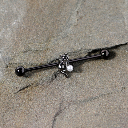 14G Black White Gem Black Cat Halloween Industrial Barbell 38mm