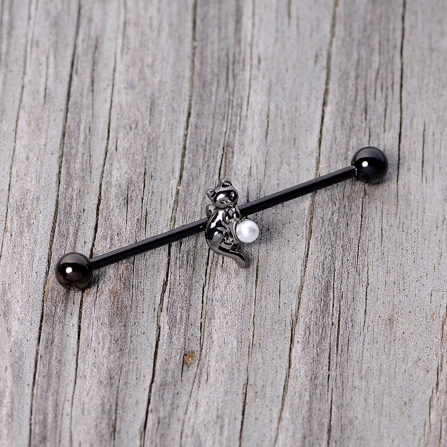 14G Black White Gem Black Cat Halloween Industrial Barbell 38mm