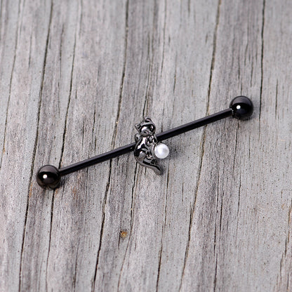 14G Black White Gem Black Cat Halloween Industrial Barbell 38mm