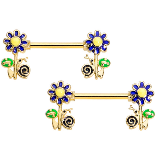 14G 9/16 Gold Tone Snail Flower Barbell Nipple Ring Set