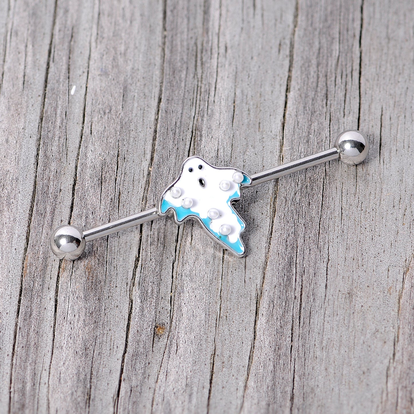 14G White Orb Ghost Halloween Industrial Barbell 38mm