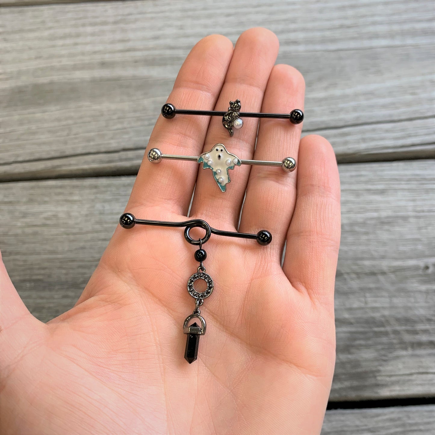 14G Black White Gem Black Cat Halloween Industrial Barbell 38mm