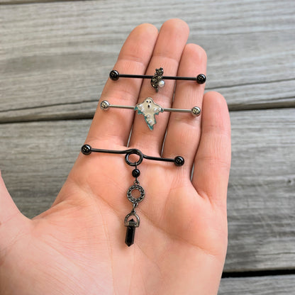 14G Black Gem Halloween Dangle Industrial Barbell 38mm