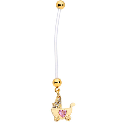 Clear Pink Gem Baby Carriage Dangle Pregnancy Belly Ring