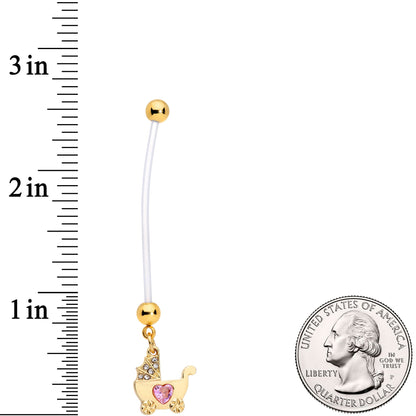 Clear Pink Gem Baby Carriage Dangle Pregnancy Belly Ring