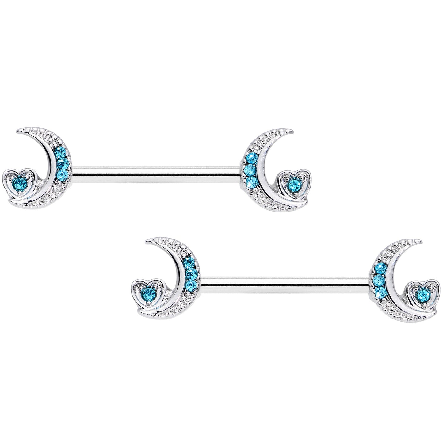14G 9/16 Blue CZ Gem Crescent Moon Heart Barbell Nipple Ring Set