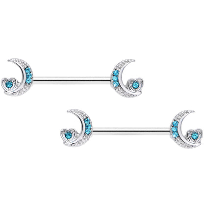 14G 9/16 Blue CZ Gem Crescent Moon Heart Barbell Nipple Ring Set
