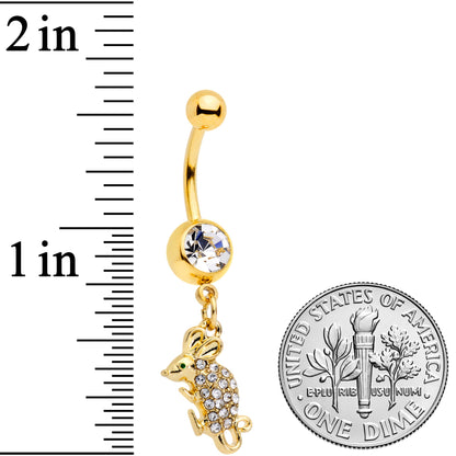 Clear Aqua Gem Gold Tone Mouse Dangle Belly Ring