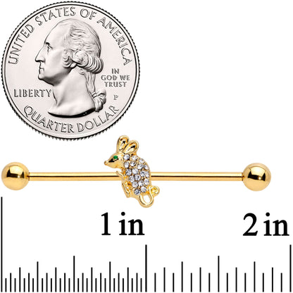 14G Clear Aqua Gem Gold Tone Mouse Industrial Barbell 38mm