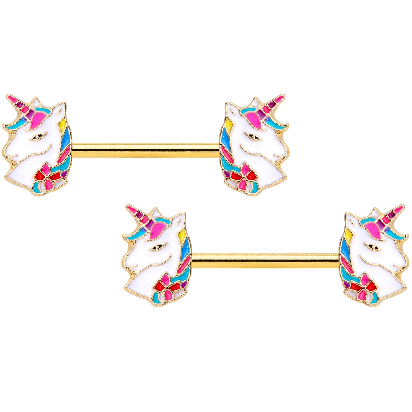 14G 9/16 Gold Tone Rainbow Unicorn Barbell Nipple Ring Set