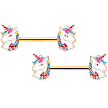 14G 9/16 Gold Tone Rainbow Unicorn Barbell Nipple Ring Set