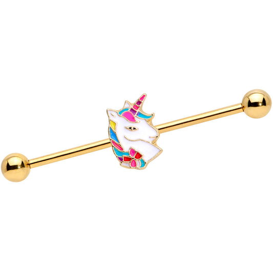 14G Gold Tone Rainbow Unicorn Industrial Barbell 38mm
