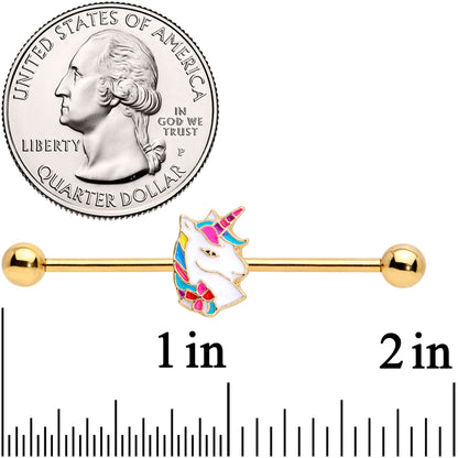 14G Gold Tone Rainbow Unicorn Industrial Barbell 38mm