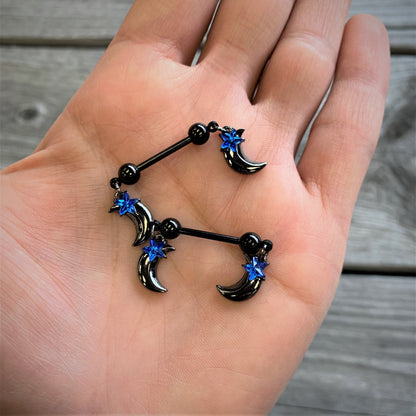 14G 9/16 Blue Gem Star Moon Dangle Nipple Ring Set