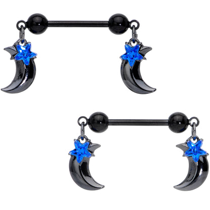 14G 9/16 Blue Gem Star Moon Dangle Nipple Ring Set