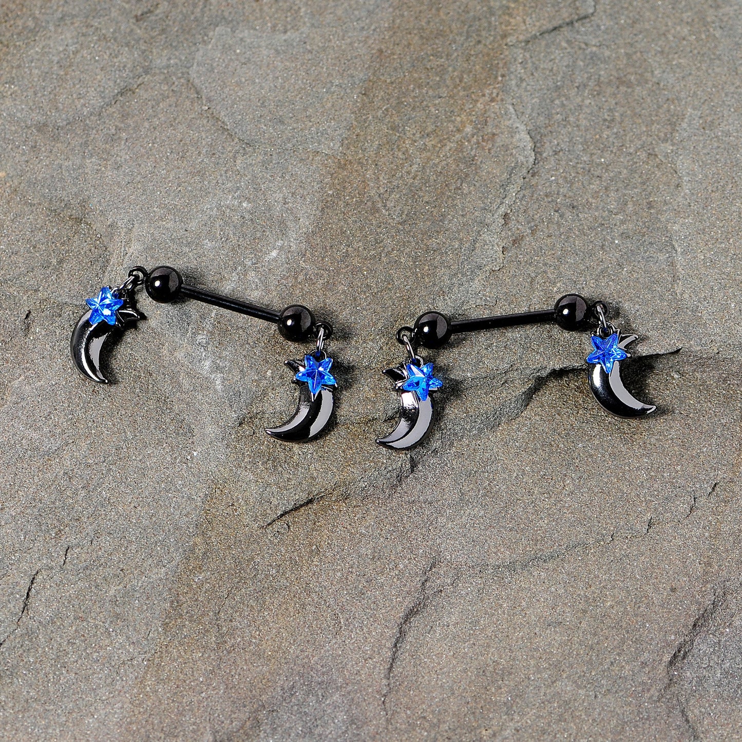 14G 9/16 Blue Gem Star Moon Dangle Nipple Ring Set