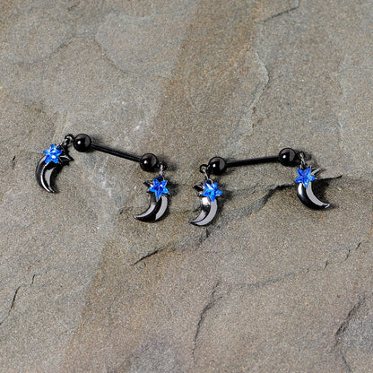 14G 9/16 Blue Gem Star Moon Dangle Nipple Ring Set