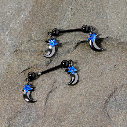 14G 9/16 Blue Gem Star Moon Dangle Nipple Ring Set