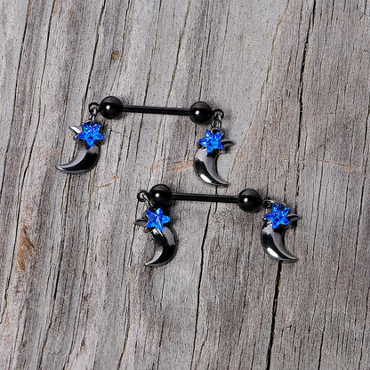14G 9/16 Blue Gem Star Moon Dangle Nipple Ring Set