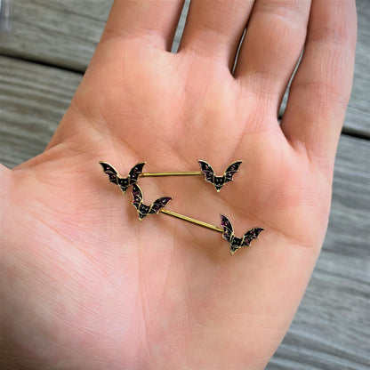 14G 9/16 Pink Gem Gold Tone Bat Halloween Barbell Nipple Ring Set