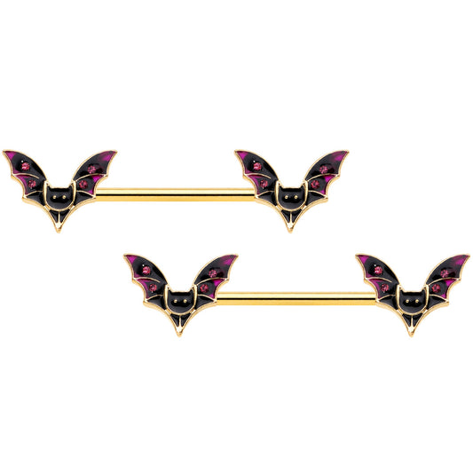 14G 9/16 Pink Gem Gold Tone Bat Halloween Barbell Nipple Ring Set