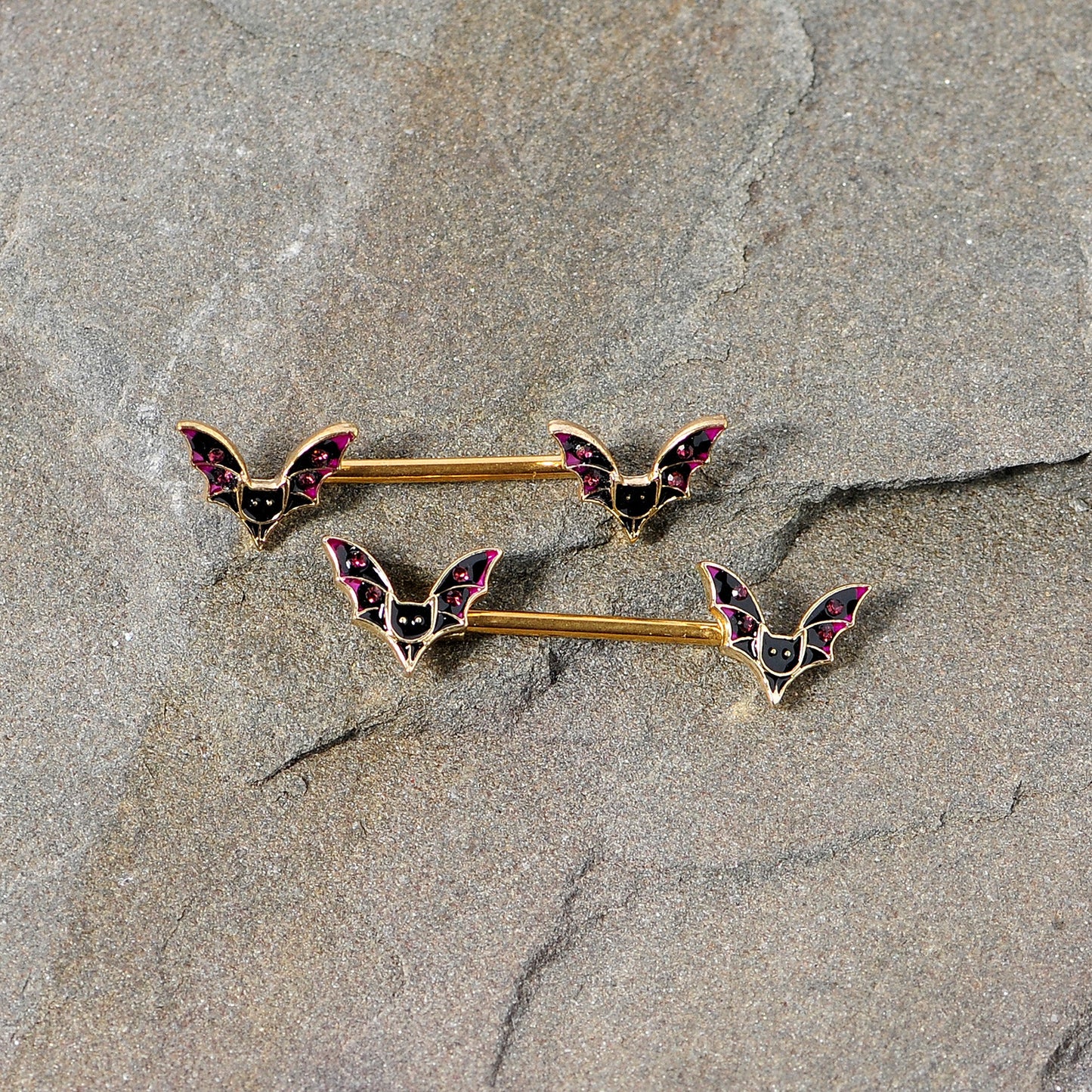 14G 9/16 Pink Gem Gold Tone Bat Halloween Barbell Nipple Ring Set