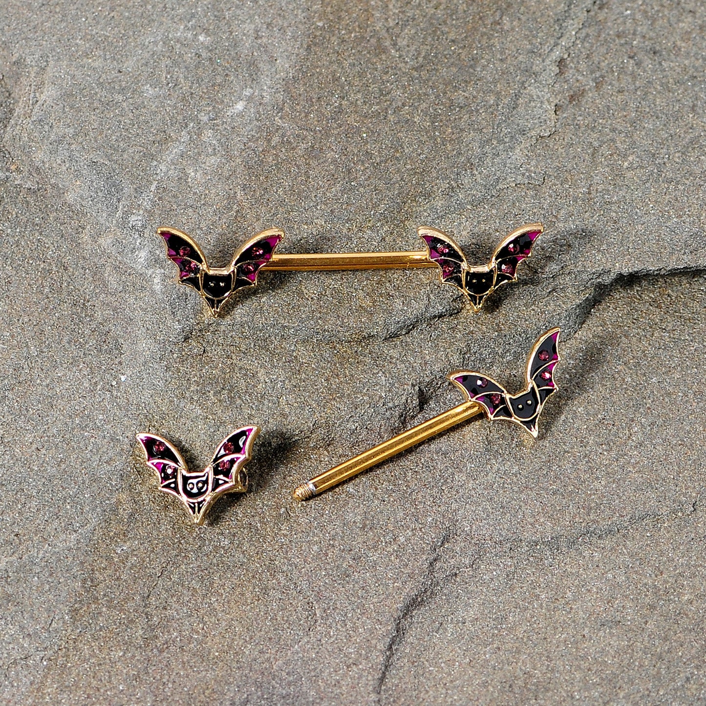 14G 9/16 Pink Gem Gold Tone Bat Halloween Barbell Nipple Ring Set