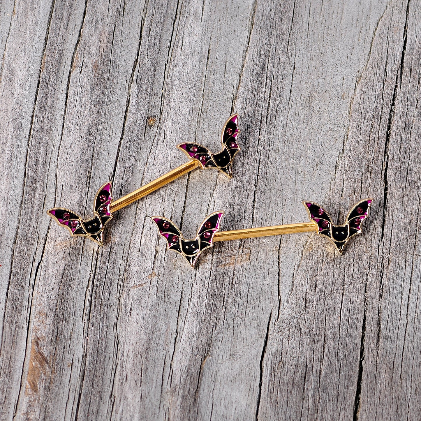 14G 9/16 Pink Gem Gold Tone Bat Halloween Barbell Nipple Ring Set