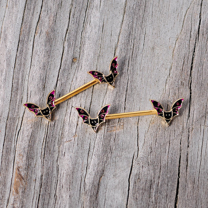 14G 9/16 Pink Gem Gold Tone Bat Halloween Barbell Nipple Ring Set