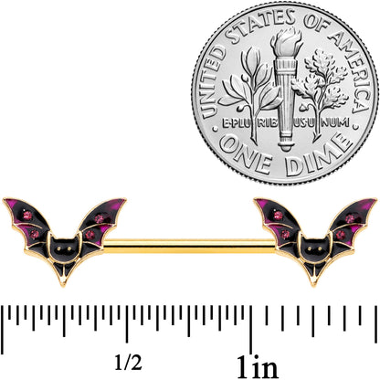 14G 9/16 Pink Gem Gold Tone Bat Halloween Barbell Nipple Ring Set