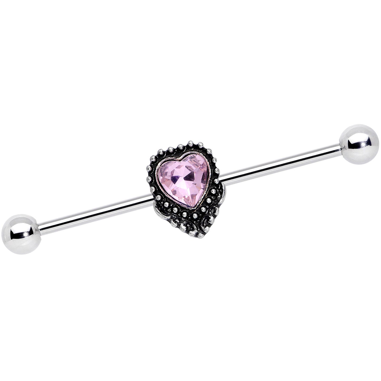 14G Pink Gem Regal Textured Heart Industrial Barbell 38mm