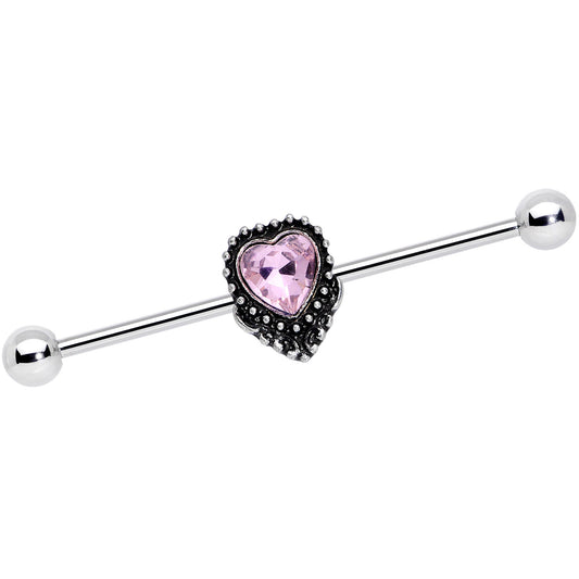 14G Pink Gem Regal Textured Heart Industrial Barbell 38mm