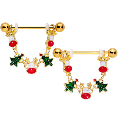 14G 9/16 Gold Tone Reindeer Christmas Tree Dangle Nipple Ring Set