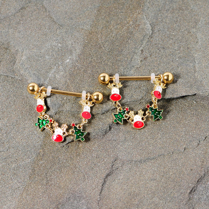 14G 9/16 Gold Tone Reindeer Christmas Tree Dangle Nipple Ring Set