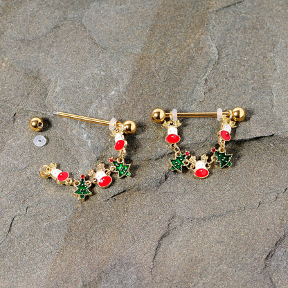 14G 9/16 Gold Tone Reindeer Christmas Tree Dangle Nipple Ring Set