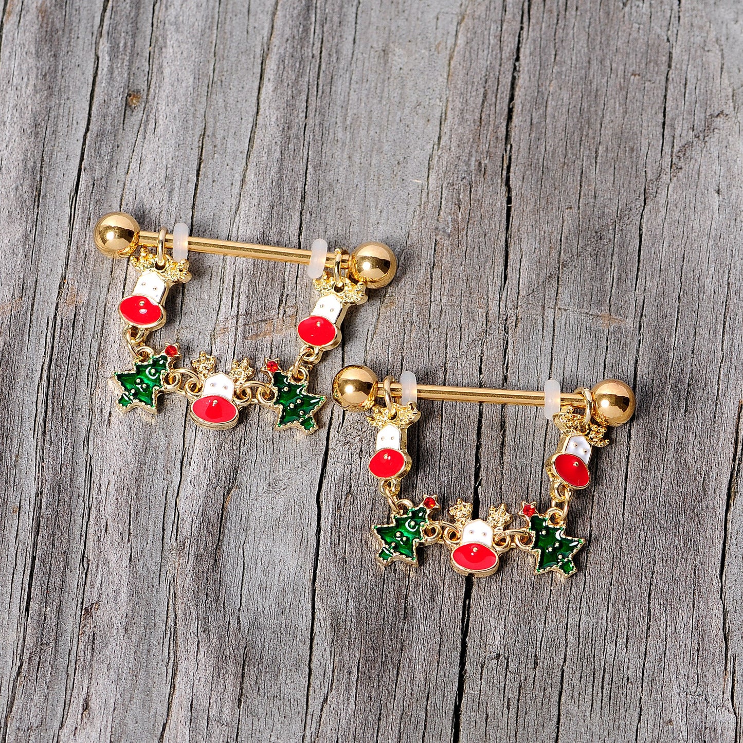14G 9/16 Gold Tone Reindeer Christmas Tree Dangle Nipple Ring Set
