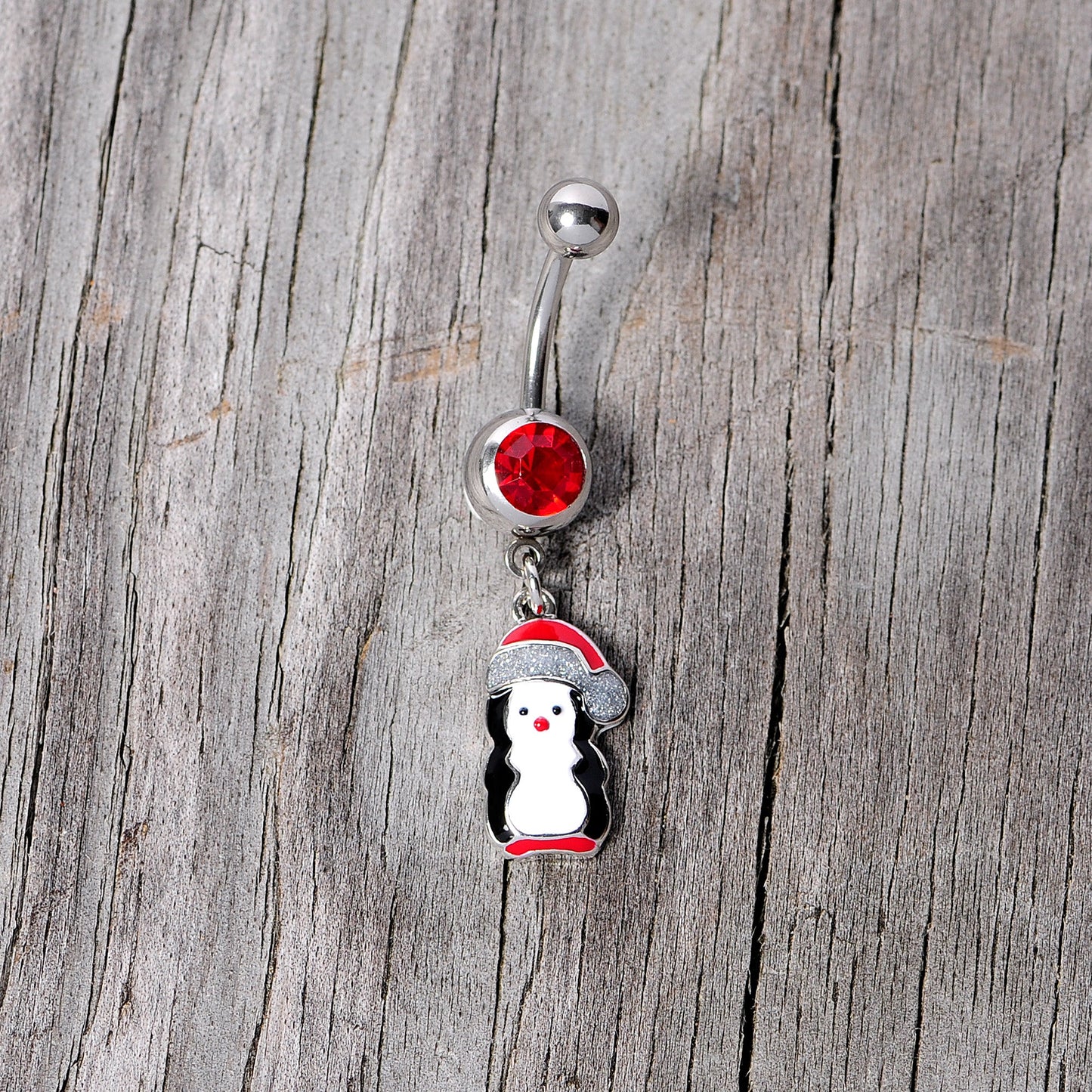 Red Gem Holiday Penguin Christmas Dangle Belly Ring