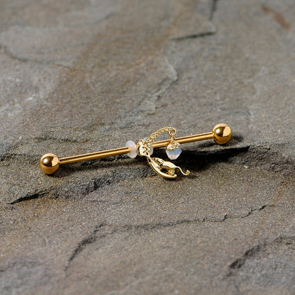 14G Clear Gem Gold Tone Mouse Moon Industrial Barbell 38mm