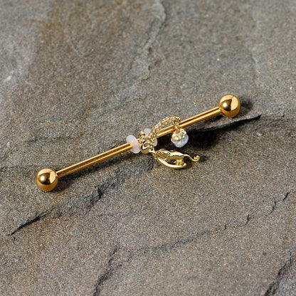 14G Clear Gem Gold Tone Mouse Moon Industrial Barbell 38mm