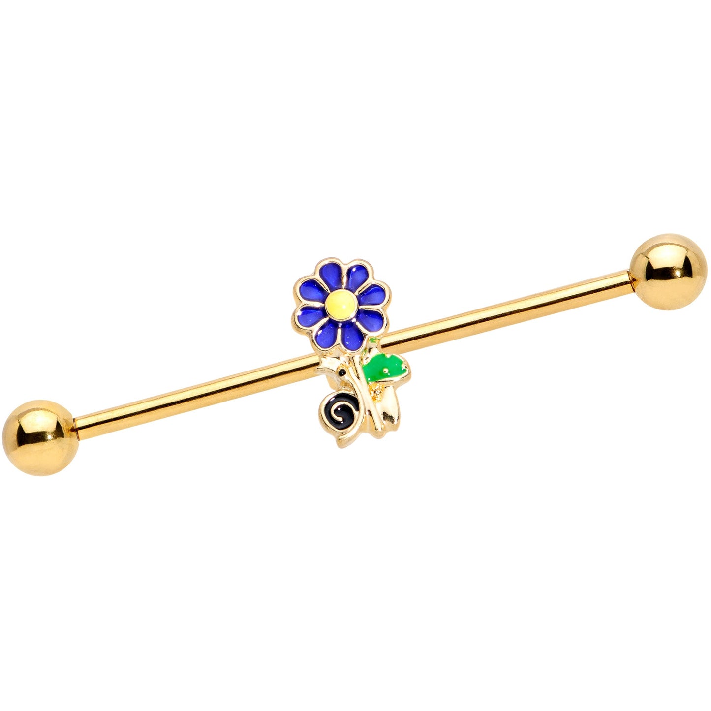 14G Gold Tone Blue Green Snail Flower Industrial Barbell 38mm