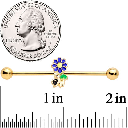 14G Gold Tone Blue Green Snail Flower Industrial Barbell 38mm
