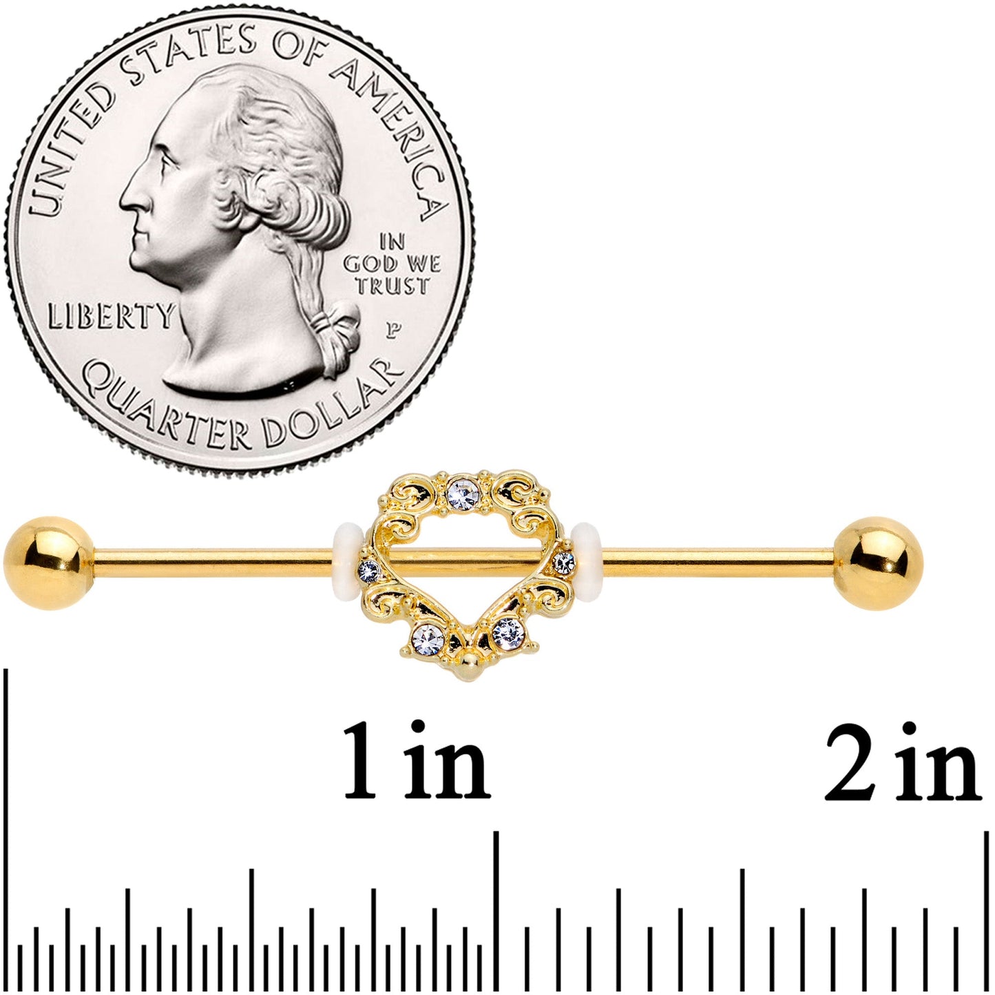 14G Clear CZ Gem Gold Tone Ornate Heart Industrial Barbell 38mm