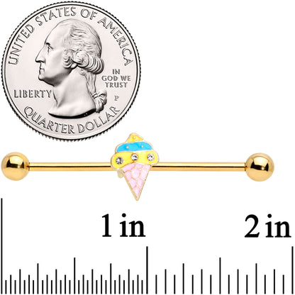 14G Clear Gem Gold Tone Ice Cream Cone Industrial Barbell 38mm