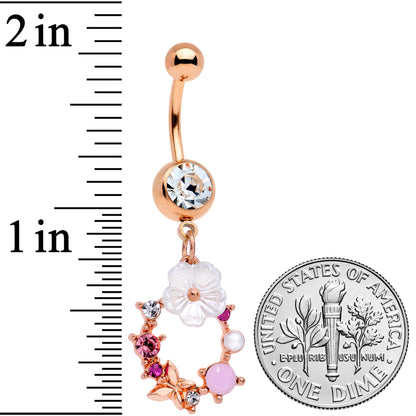 Clear Pink Gem Rose Gold Tone Wreath Flower Dangle Belly Ring