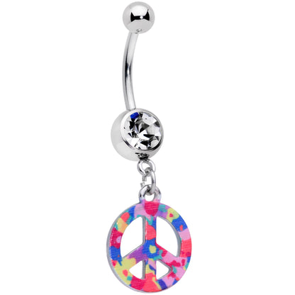 Clear Gem Hippie Rainbow Peace Sign Dangle Belly Ring
