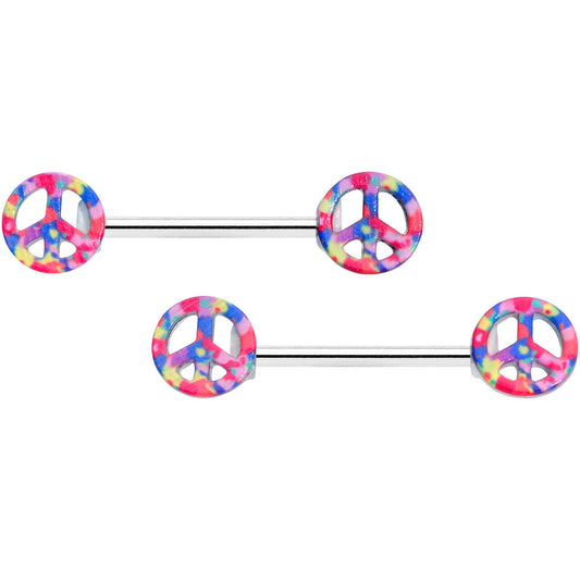 14G 5/8 Hippie Rainbow Peace Sign Barbell Nipple Ring Set